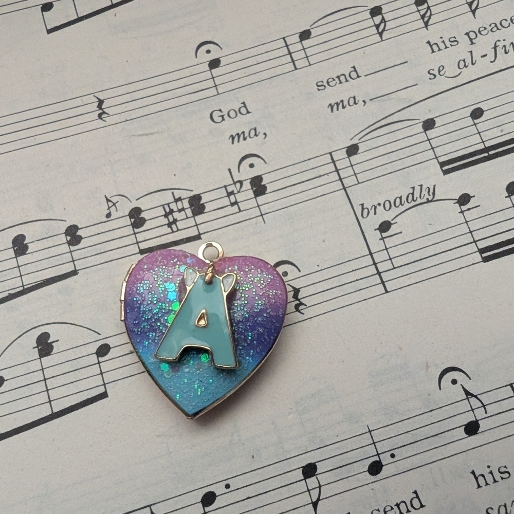 Heart-Shaped Glitter Pendant with Letter A Locket